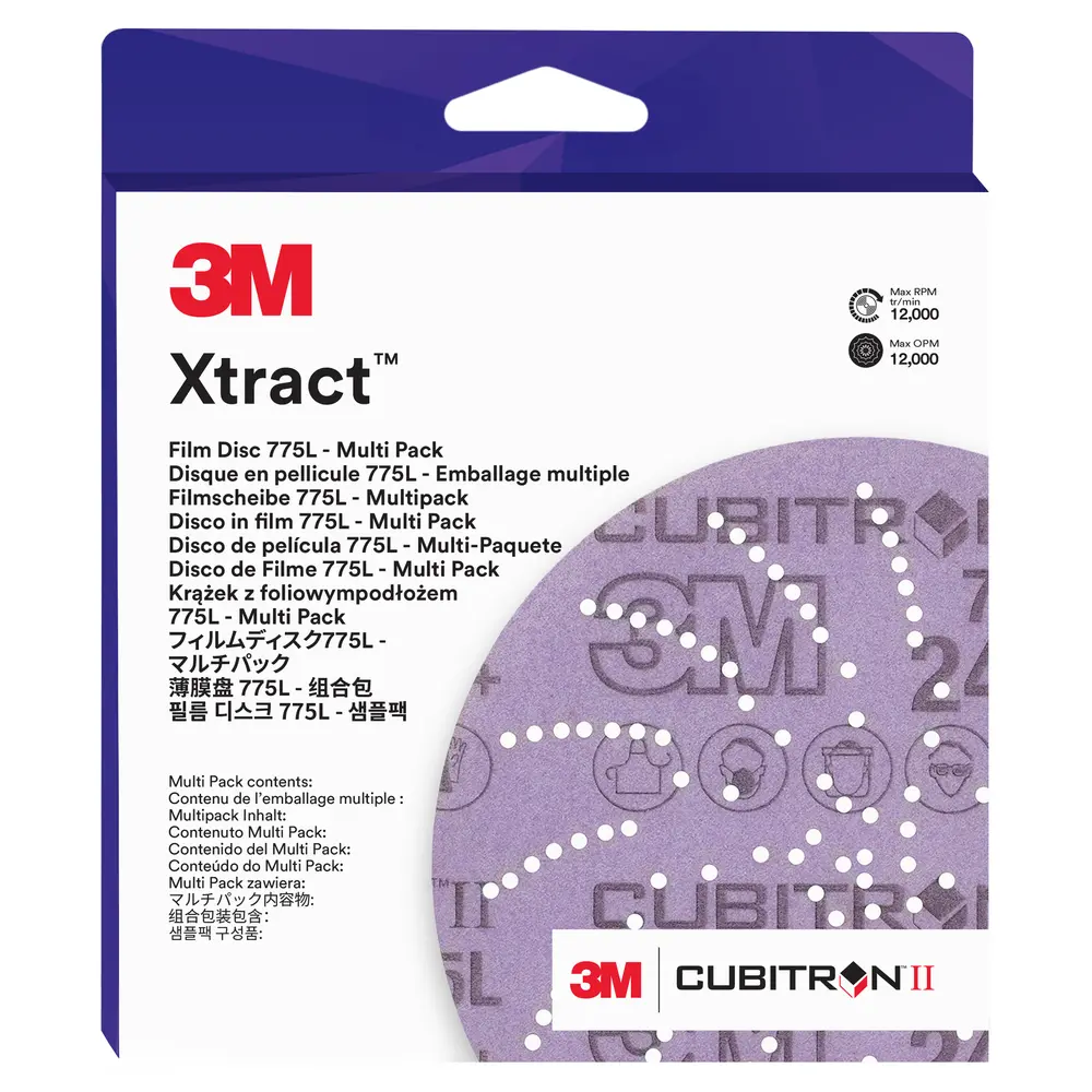 Disco de Limpeza 3M Xtract™ Cubitron™ II 775L, 77555, Multi-Grão 240+ - 400+ 3MIL, 152.4 mm, Die 600LG, 15/Embalagem, 20 Embalagens/Caixa, Multipack